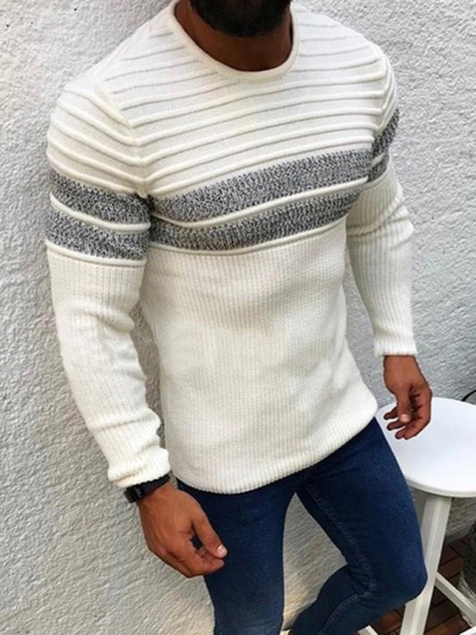 Men's Stripe Trim Cable Knit Crewneck Sweater - FashionistaDeal