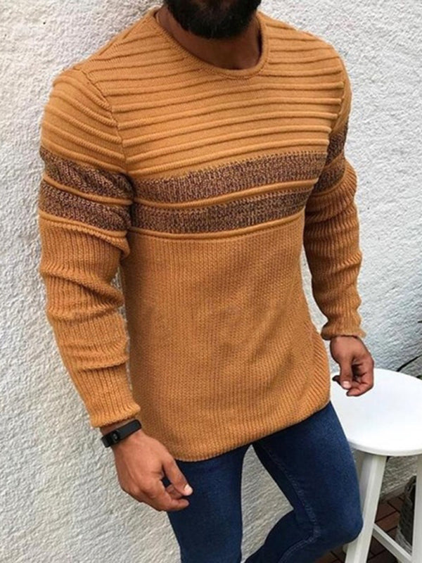 Men's Stripe Trim Cable Knit Crewneck Sweater - FashionistaDeal