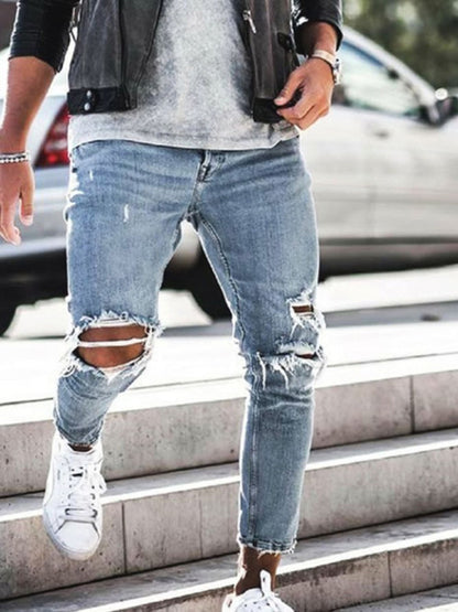 Men's solid casual ripped pencil jeans - FashionistaDeal