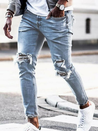 Men's solid casual ripped pencil jeans - FashionistaDeal