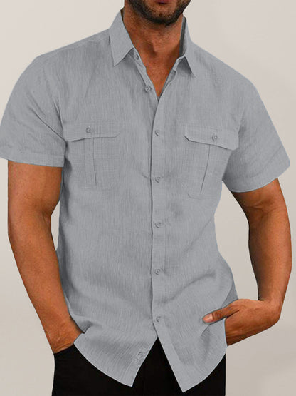 Men's Shirt Double Pocket Cotton Linen Short Sleeve Shirt Casual Vacation Shirt - FashionistaDeal