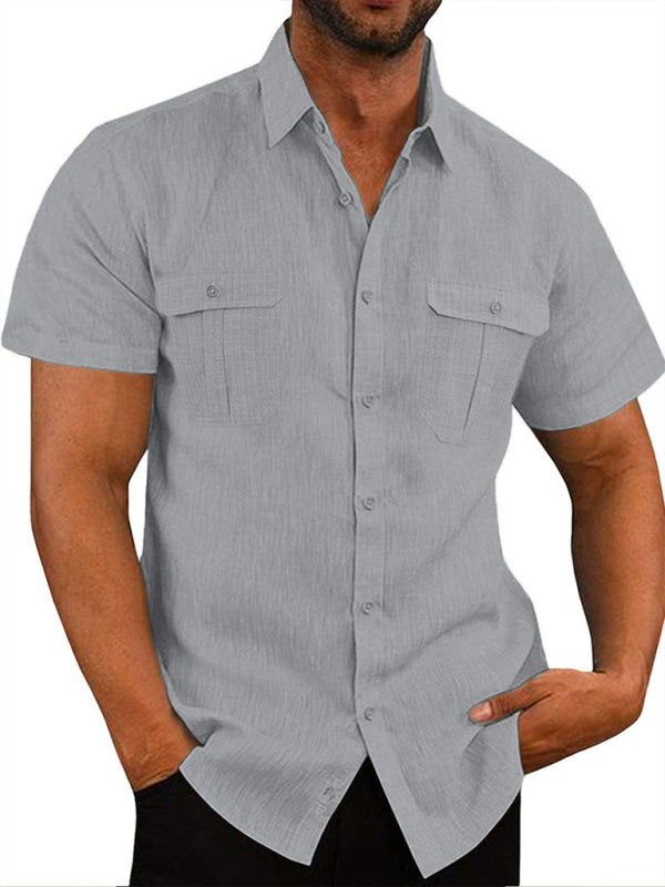 Men's Shirt Double Pocket Cotton Linen Short Sleeve Shirt Casual Vacation Shirt - FashionistaDeal