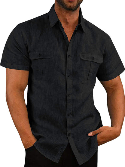 Men's Shirt Double Pocket Cotton Linen Short Sleeve Shirt Casual Vacation Shirt - FashionistaDeal