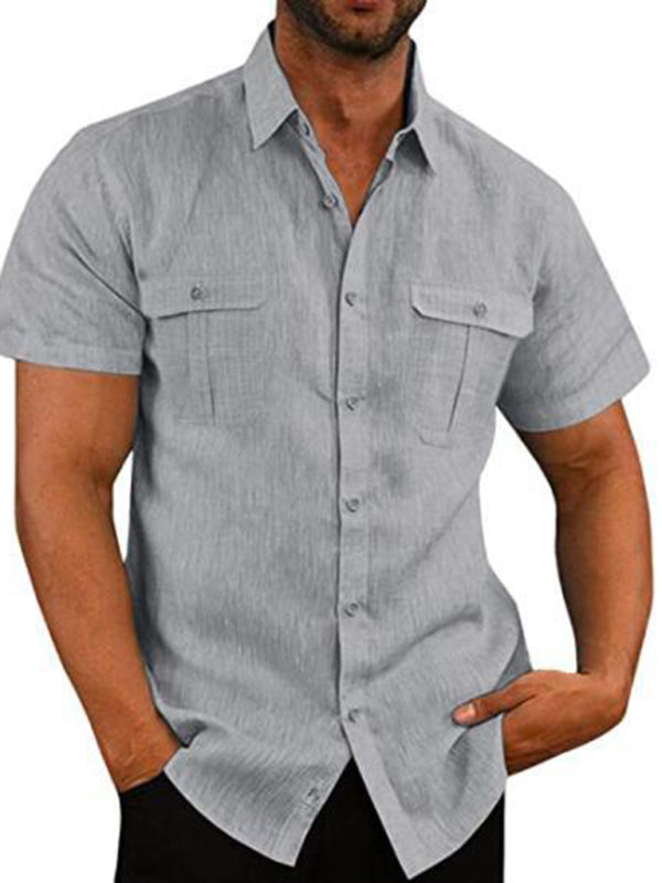 Men's Shirt Double Pocket Cotton Linen Short Sleeve Shirt Casual Vacation Shirt - FashionistaDeal