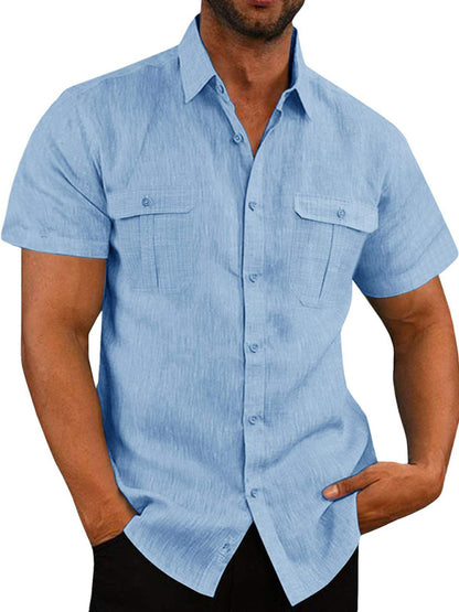 Men's Shirt Double Pocket Cotton Linen Short Sleeve Shirt Casual Vacation Shirt - FashionistaDeal