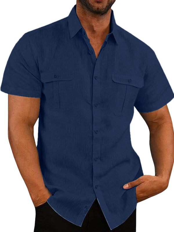 Men's Shirt Double Pocket Cotton Linen Short Sleeve Shirt Casual Vacation Shirt - FashionistaDeal