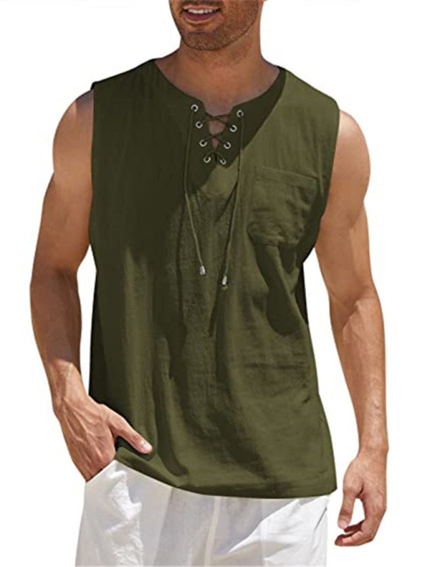 Men's Solid Color Lace Tie Jersey Muscle Tank - FashionistaDeal