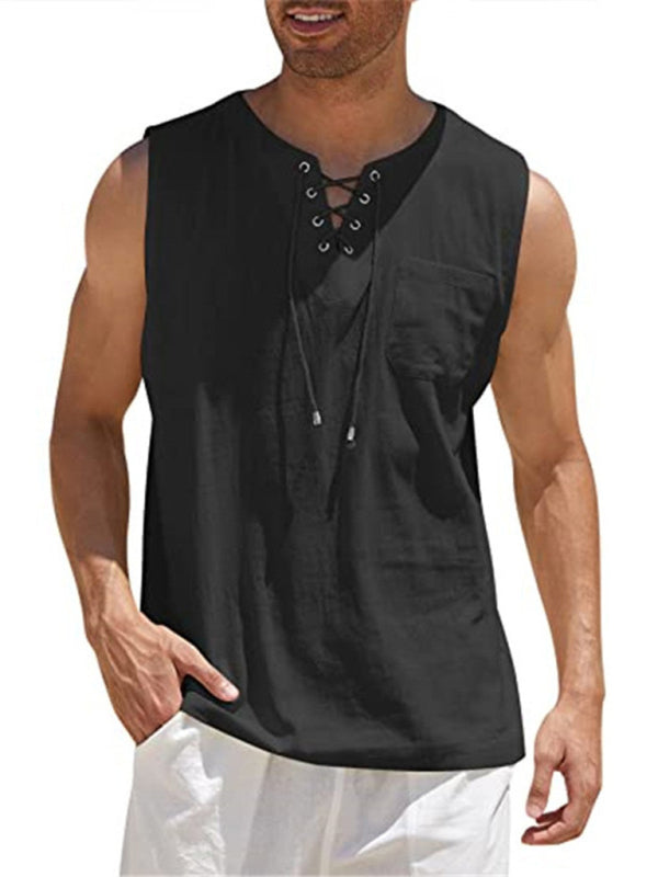 Men's Solid Color Lace Tie Jersey Muscle Tank - FashionistaDeal