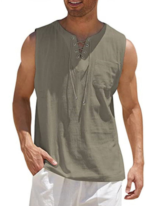 Men's Solid Color Lace Tie Jersey Muscle Tank - FashionistaDeal