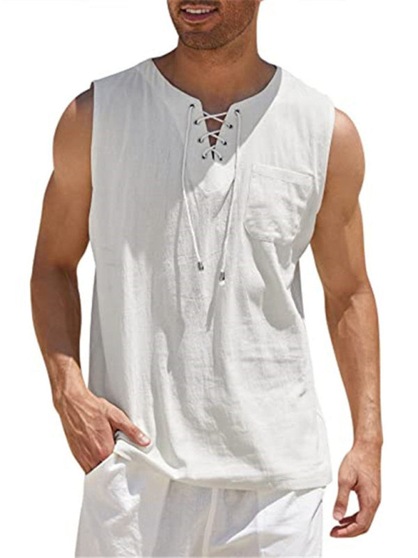 Men's Solid Color Lace Tie Jersey Muscle Tank - FashionistaDeal