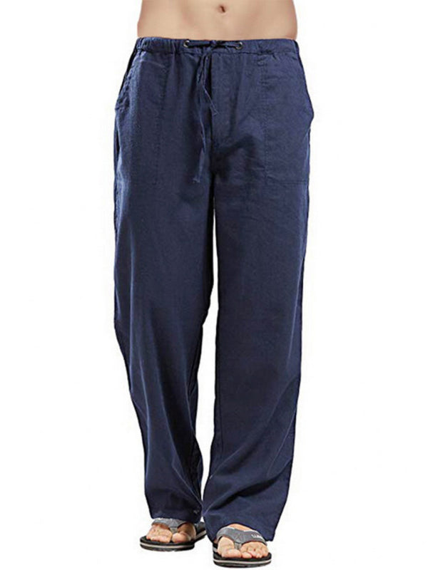 Men's Solid Color Linen Blend Drawstring Pants - FashionistaDeal