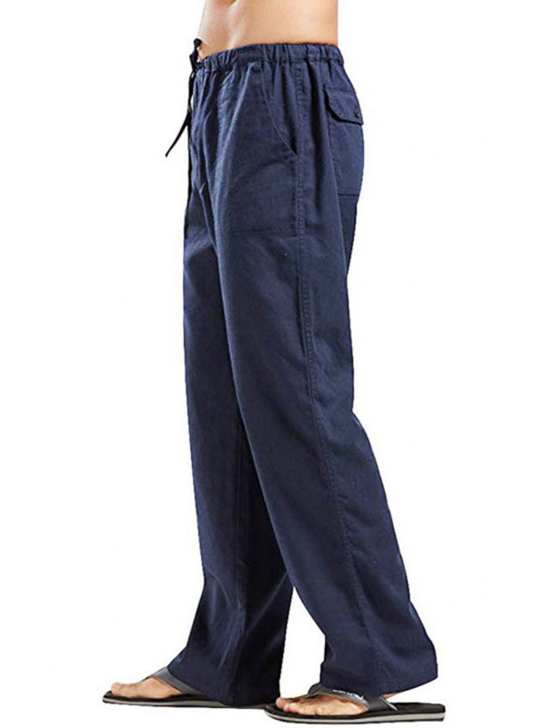 Men's Solid Color Linen Blend Drawstring Pants - FashionistaDeal