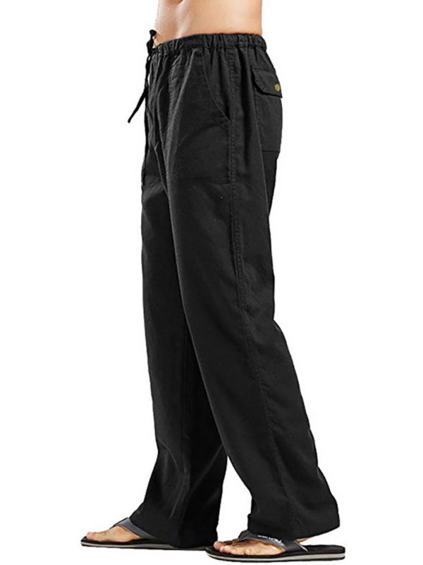 Men's Solid Color Linen Blend Drawstring Pants - FashionistaDeal