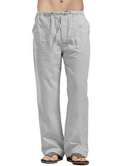 Men's Solid Color Linen Blend Drawstring Pants - FashionistaDeal