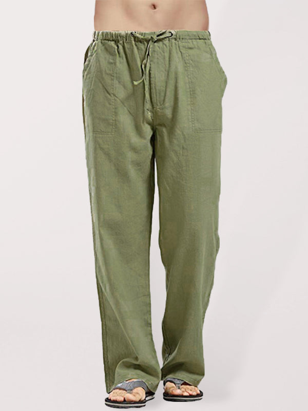 Men's Solid Color Linen Blend Drawstring Pants - FashionistaDeal