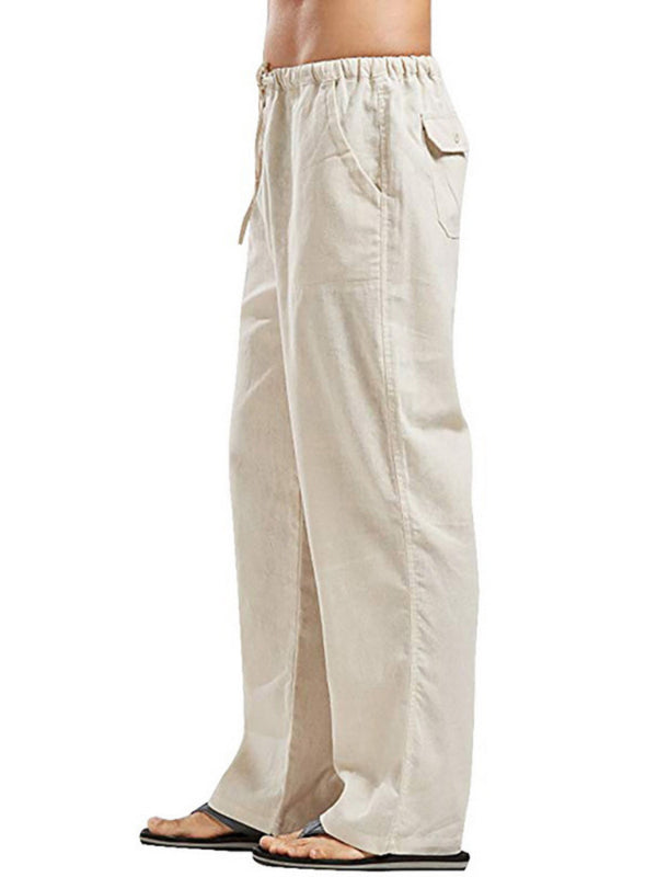 Men's Solid Color Linen Blend Drawstring Pants - FashionistaDeal