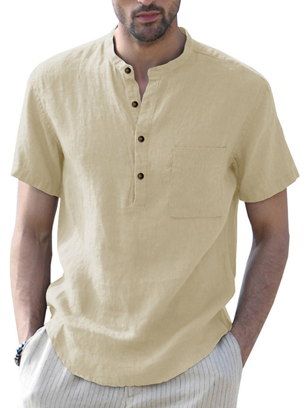 Men's Woven Casual Stand Collar Linen Short Sleeve Shirt - FashionistaDeal