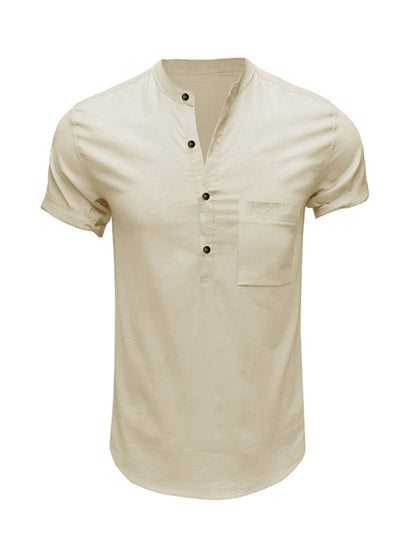 Men's Woven Casual Stand Collar Linen Short Sleeve Shirt - FashionistaDeal