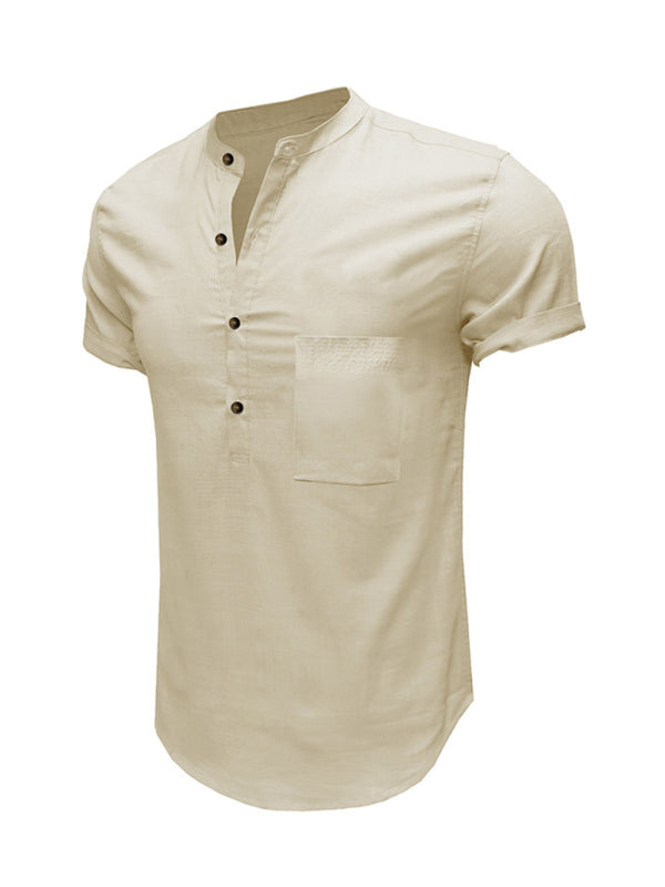 Men's Woven Casual Stand Collar Linen Short Sleeve Shirt - FashionistaDeal