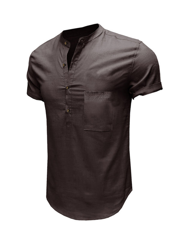 Men's Woven Casual Stand Collar Linen Short Sleeve Shirt - FashionistaDeal