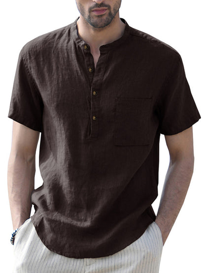 Men's Woven Casual Stand Collar Linen Short Sleeve Shirt - FashionistaDeal