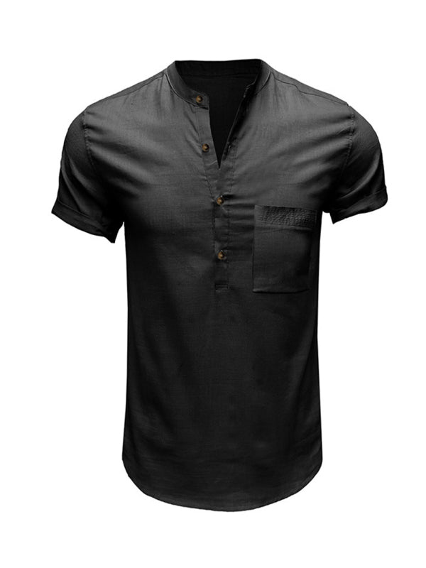 Men's Woven Casual Stand Collar Linen Short Sleeve Shirt - FashionistaDeal