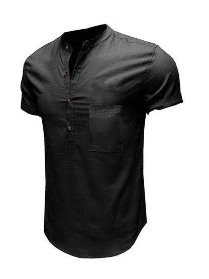 Men's Woven Casual Stand Collar Linen Short Sleeve Shirt - FashionistaDeal