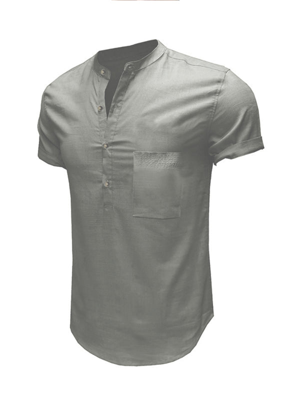 Men's Woven Casual Stand Collar Linen Short Sleeve Shirt - FashionistaDeal