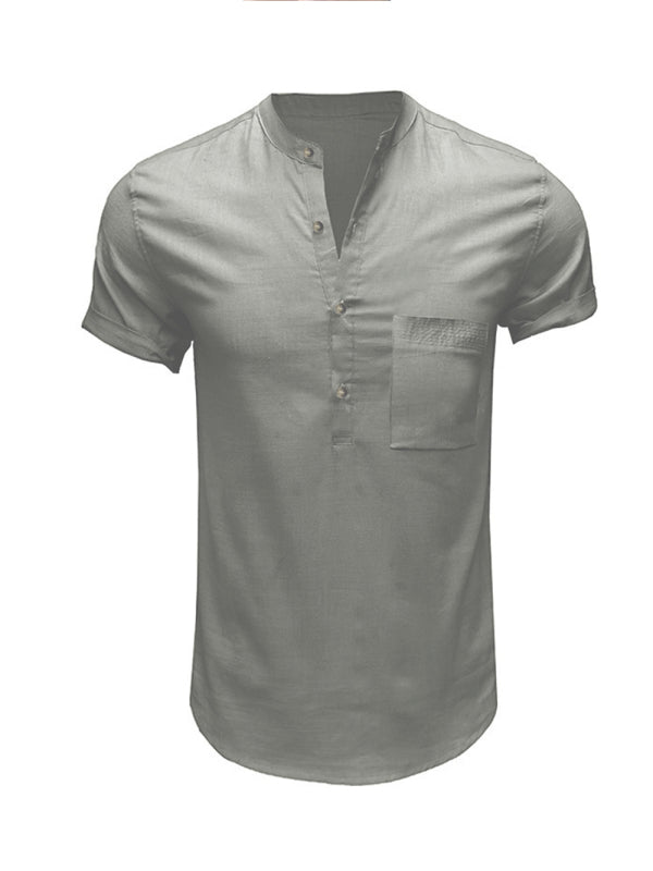 Men's Woven Casual Stand Collar Linen Short Sleeve Shirt - FashionistaDeal