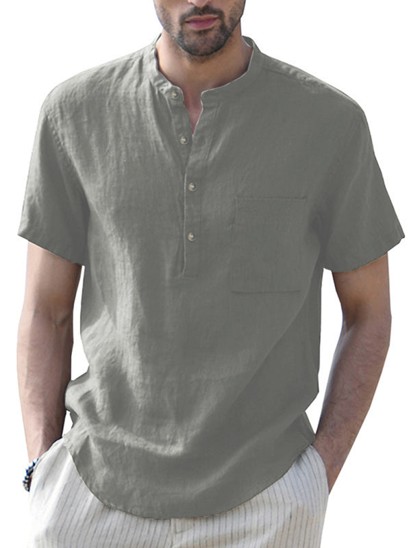 Men's Woven Casual Stand Collar Linen Short Sleeve Shirt - FashionistaDeal