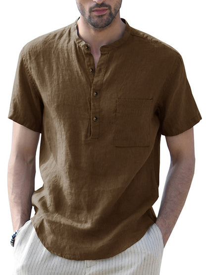 Men's Woven Casual Stand Collar Linen Short Sleeve Shirt - FashionistaDeal