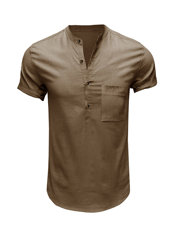 Men's Woven Casual Stand Collar Linen Short Sleeve Shirt - FashionistaDeal