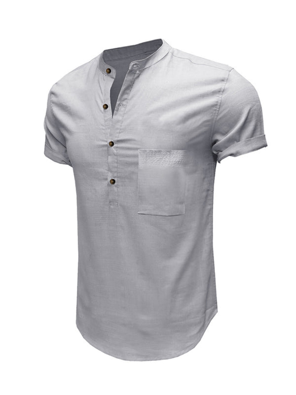 Men's Woven Casual Stand Collar Linen Short Sleeve Shirt - FashionistaDeal