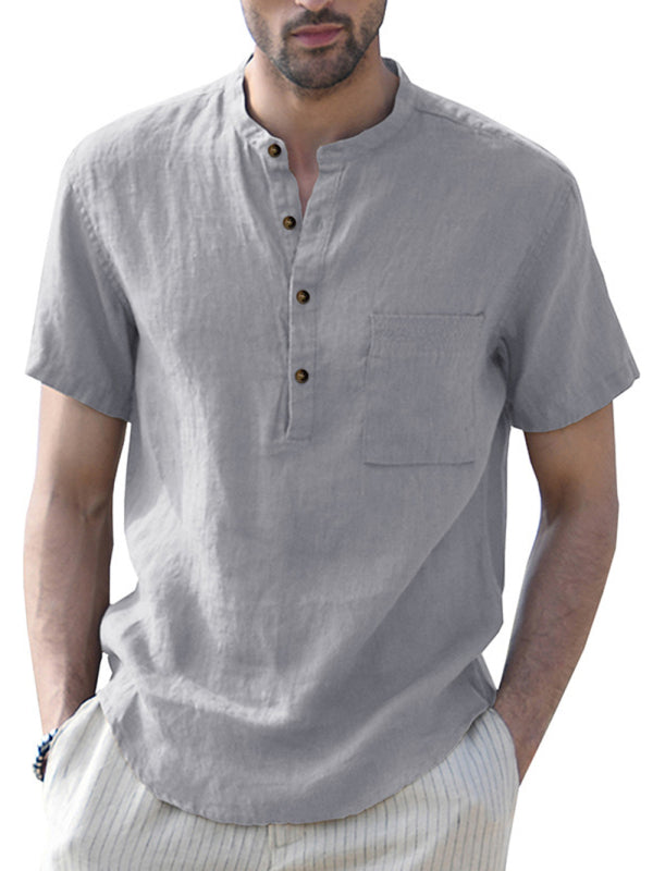 Men's Woven Casual Stand Collar Linen Short Sleeve Shirt - FashionistaDeal