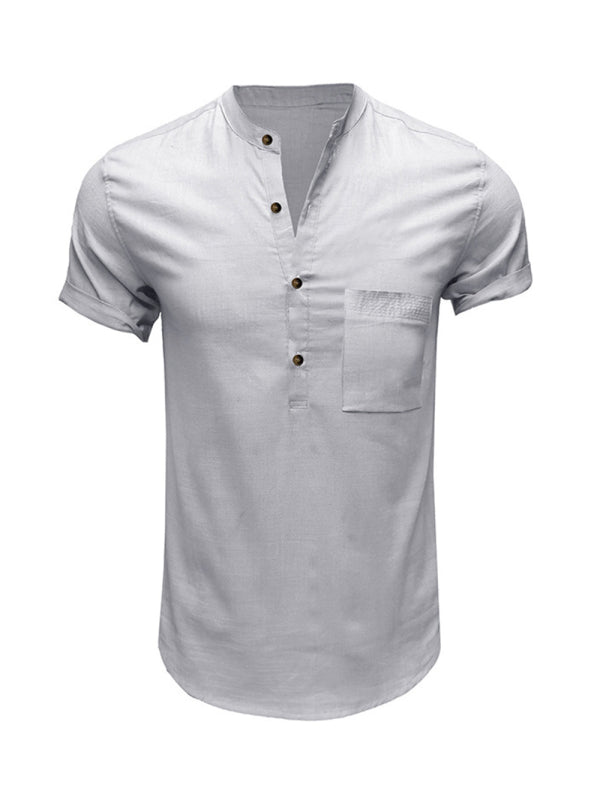 Men's Woven Casual Stand Collar Linen Short Sleeve Shirt - FashionistaDeal