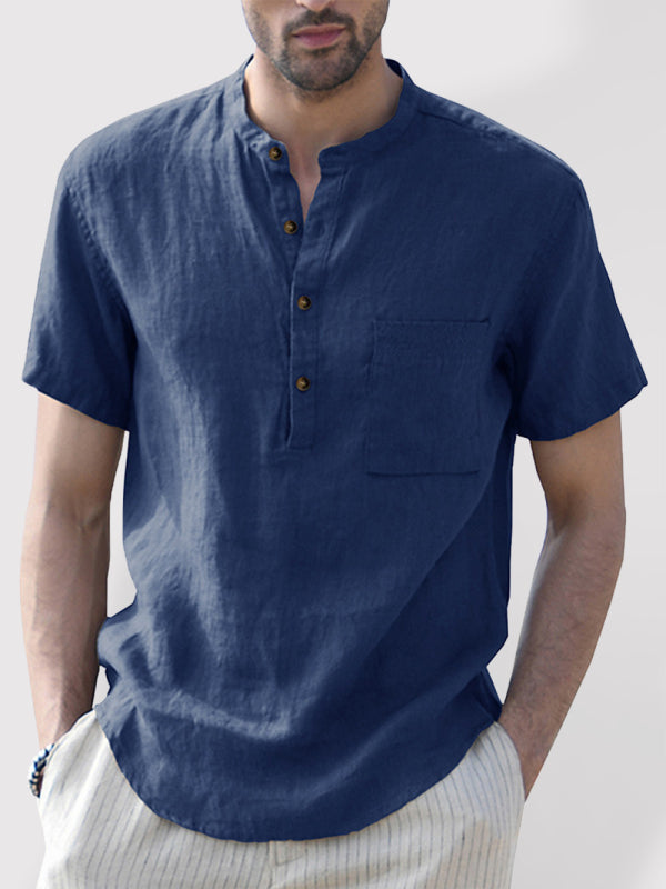 Men's Woven Casual Stand Collar Linen Short Sleeve Shirt - FashionistaDeal