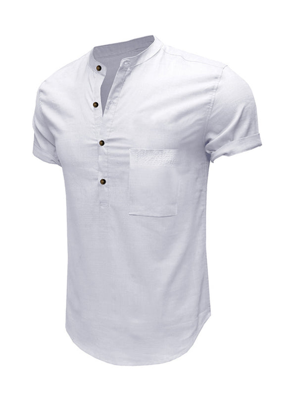 Men's Woven Casual Stand Collar Linen Short Sleeve Shirt - FashionistaDeal