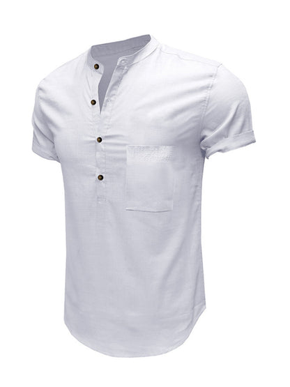 Men's Woven Casual Stand Collar Linen Short Sleeve Shirt - FashionistaDeal