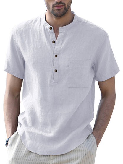 Men's Woven Casual Stand Collar Linen Short Sleeve Shirt - FashionistaDeal