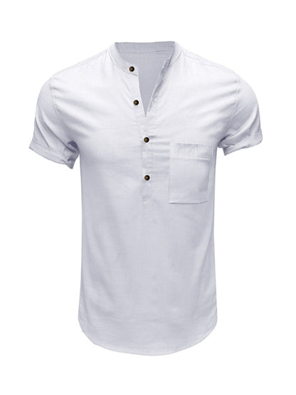 Men's Woven Casual Stand Collar Linen Short Sleeve Shirt - FashionistaDeal