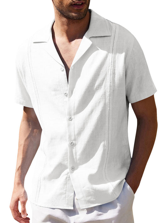 Men's Loose Casual Linen Shirt Cuban Guayabera Short Sleeve Beach Shirt - FashionistaDeal