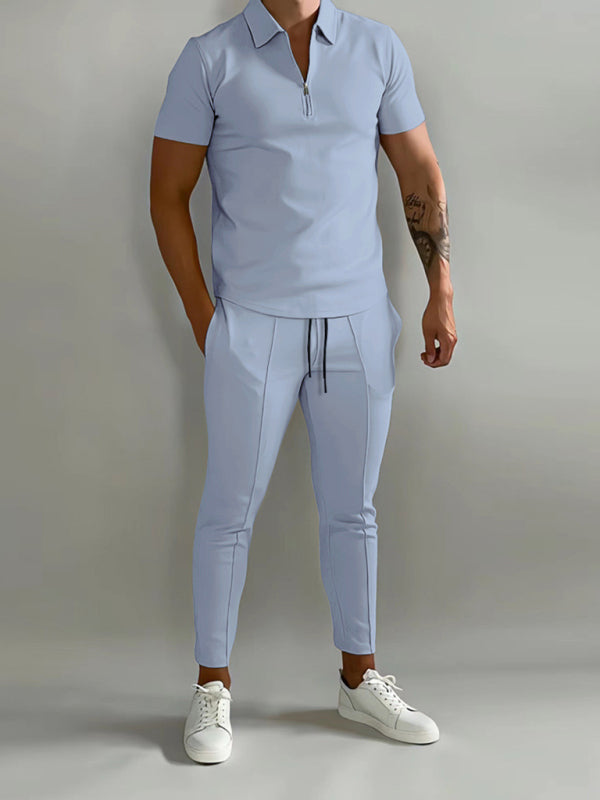 Men's solid color lapel short-sleeved POLO shirt + trousers two-piece suit - FashionistaDeal