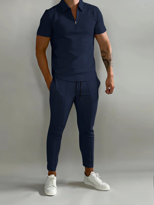 Men's solid color lapel short-sleeved POLO shirt + trousers two-piece suit - FashionistaDeal