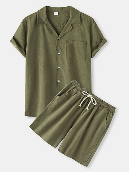 Men's Solid Color Linen Short Sleeve With Matching Shorts Pajamas - FashionistaDeal