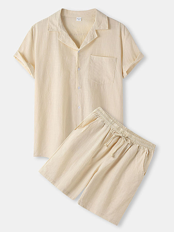 Men's Solid Color Linen Short Sleeve With Matching Shorts Pajamas - FashionistaDeal