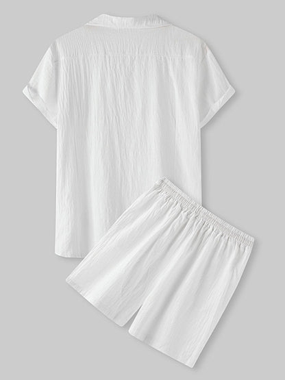 Men's Solid Color Linen Short Sleeve With Matching Shorts Pajamas - FashionistaDeal