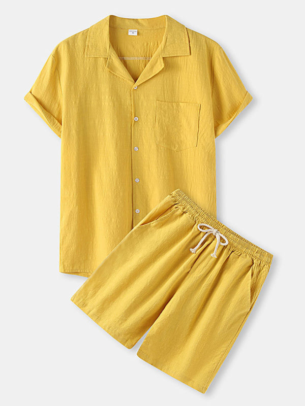 Men's Solid Color Linen Short Sleeve With Matching Shorts Pajamas - FashionistaDeal