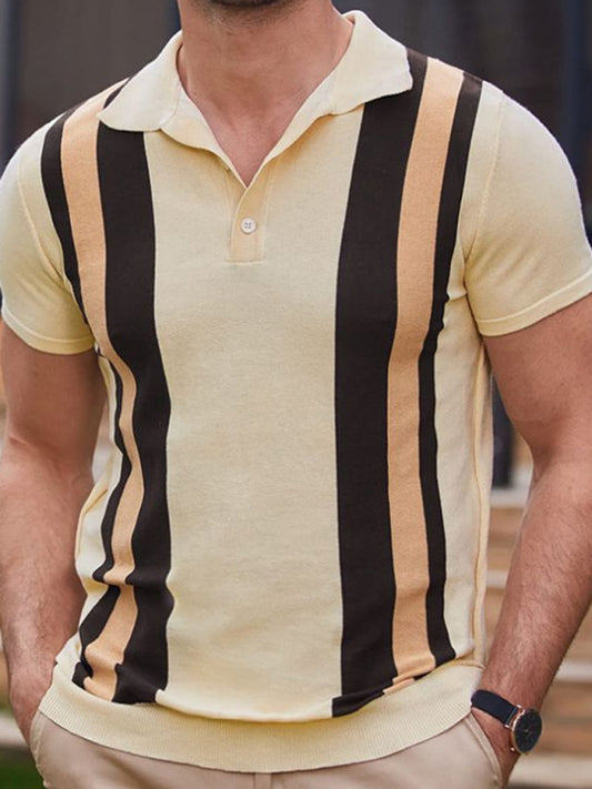 New striped jacquard sweater Short-sleeved business casual Polo shirt - FashionistaDeal