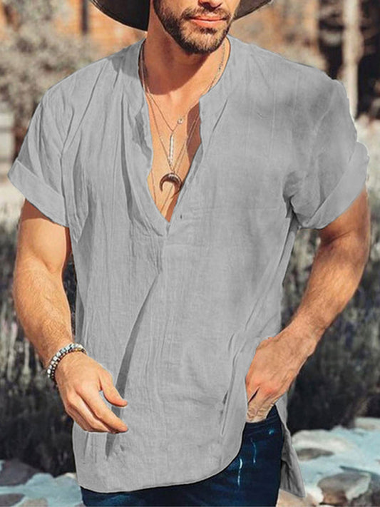 Summer solid color round neck short sleeve simple cotton linen shirt men - FashionistaDeal