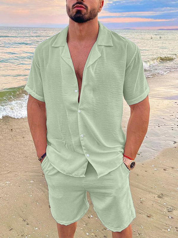 Men's Summer Lapel Cotton Linen Solid Color Short Sleeve Shorts Set - FashionistaDeal